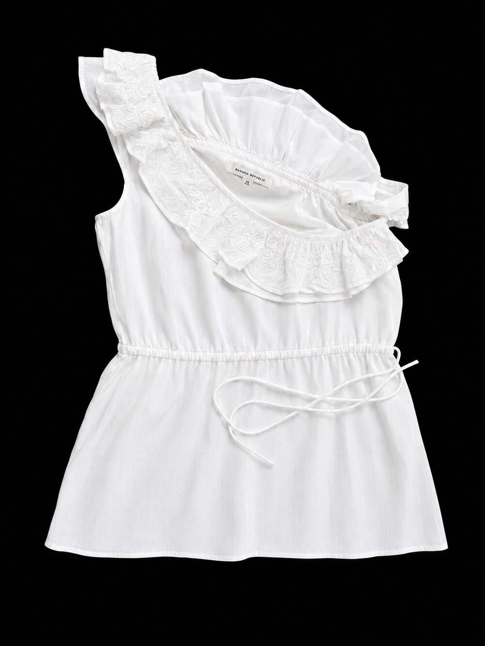 Banana Republic White One-Shoulder Embroidered Ruffle Trim Top with Tie Waist
